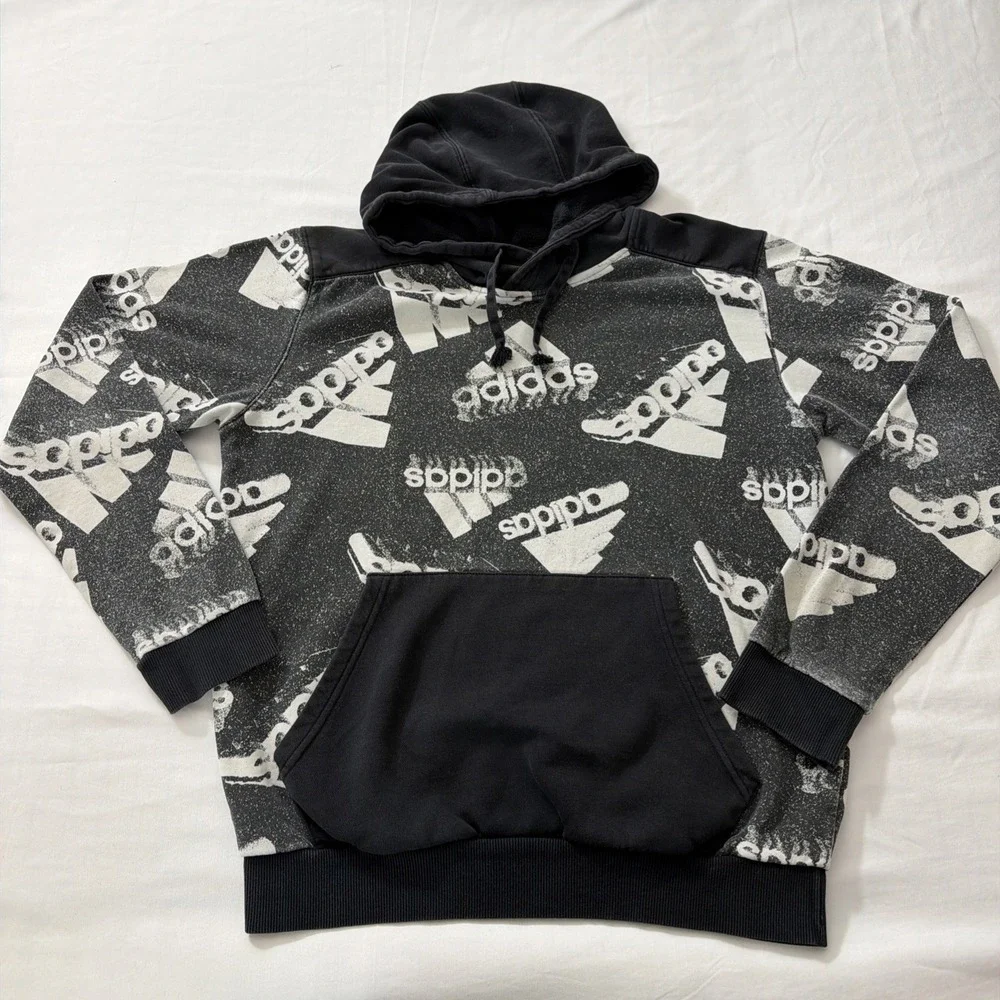 Adidas Mens All Over Logo Print Hoodie Black White Distressed Graphic Sweatshirt
